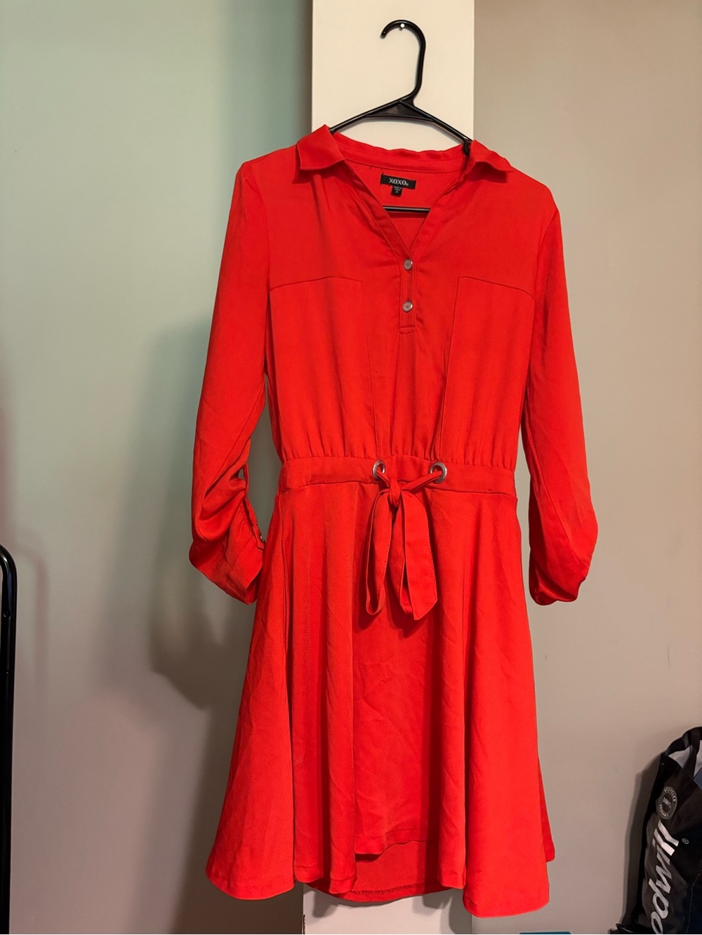 XOXO Bright Red orange Long-Sleeve Shirt Dress with Tie Waist #. 38